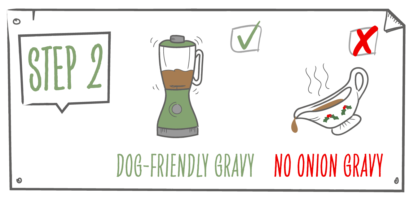 Illustration of a blender and gravy being poured, with a warning not to give onion gravy to dogs