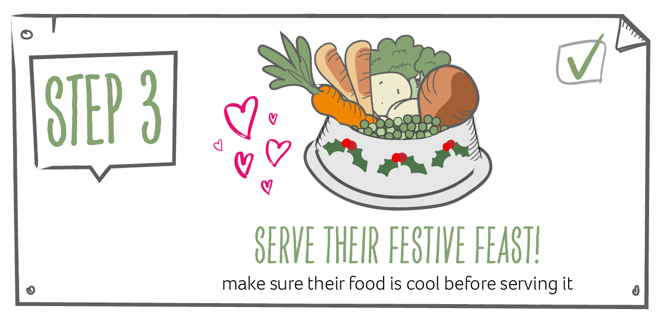 Illustration of a festive dog bowl filled with dog-safe food