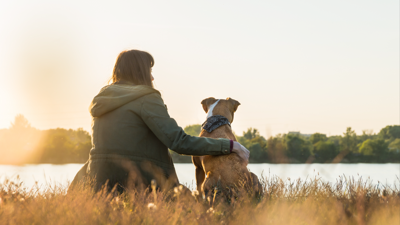 Photograph of a woman sat on a grassy hill with an arm around her dog, looking out across a peaceful lake