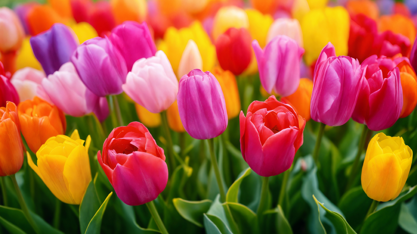 Photograph of lilac, pink, yellow, and orange tulips